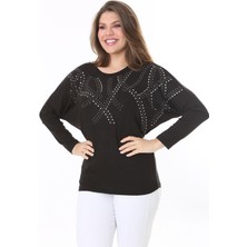 Şans Kadın Büyük Beden Siyah Taş Detaylı Yarasa Kol Bluz 65N37804