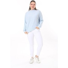 Şans Kadın Büyük Beden Bebe Mavisi Yün Viskon Kumaş Yarasa Kollu Bluz 65N37703