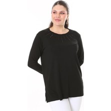 Şans Kadın Büyük Beden Siyah Taş Ve Arka Robası Dantel Detaylı Uzun Kollu Bluz 65N37694