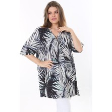 Şans Kadın Büyük Beden Renkli Göğsü Toka Büzgülü V Yakalı Kısa Kollu Tunik 65N37796