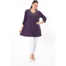 Şans Kadın Büyük Beden Mürdüm Taş Detaylı Kapri Kollu Tunik 65N37696