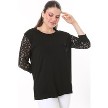 Şans Kadın Büyük Beden Siyah Göğsü Aplike İşli Kolları Dantel Bluz 65N37690