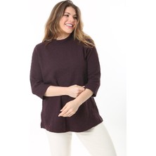 Şans Kadın Büyük Beden Mürdüm Sıfır Yakalı Kendinden Desenli Kapri Kollu Tunik 65N37495
