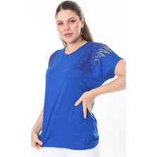 Şans Kadın Büyük Beden Saks Angels Taş Detaylı Kısa Kollu Bluz 65N37675