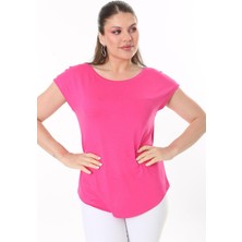Şans Kadın Büyük Beden Neon Pembe Bisiklet Yakalı Düşük Kollu Bluz 65N37706