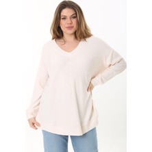 Şans Kadın Büyük Beden Pudra V Yakalı Kendinden Çizgili Uzun Kollu Tunik 65N37527