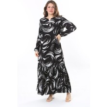 Şans Kadın Büyük Beden Siyah Dokuma Viskon Kumaş Etek Ucu Katlı Uzun Kollu Elbise 65N37958