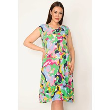 Kadın Renkli Dokuma Viskon Kumaş V Yaka Eteği Katlı Renkli Elbise