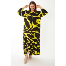 Şans Kadın Büyük Beden Renkli Dokuma Viskon Kumaş Ön Boy Düğmeli Etek Ucu Katlı Elbise 65N37088