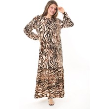 Şans Kadın Kahve Dokuma Viskon Kumaş Eteği Katlı Uzun Kollu Elbise 65N37867