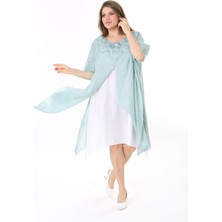 Şans Kadın Büyük Beden Yeşil Yaka Dantelli İki Parça Elbise 65N37784