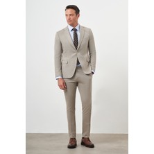 Morven  Erkek Kahve Poliviskon Trend Çizgili Desen Slim Fit Mono Yaka Takım Elbise