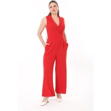 Şans Kadın Büyük Beden Kırmızı Anvelop Yakalı Geniş Paçalı Tulum 65N37734