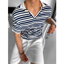 Abluka Online Oversize Yarım Pat Yaka Fileli Esnek T-Shirt Lacivert Beyaz