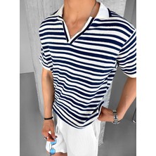 Abluka Online Oversize Yarım Pat Yaka Fileli Esnek T-Shirt Lacivert Beyaz