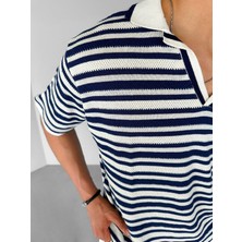 Abluka Online Oversize Yarım Pat Yaka Fileli Esnek T-Shirt Lacivert Beyaz