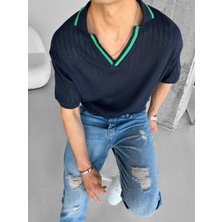 Abluka Online Yarım Pat Gömlek Yaka Desenli Triko T-Shirt Lacivert Yeşil