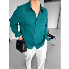 Abluka Online Erkek Oversize Fit Uzun Kollu Müslin Gömlek Koyu Yeşil