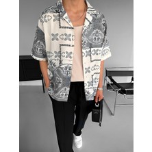 Abluka Online Oversize Motifli Küba Yaka Keten Gömlek Siyah