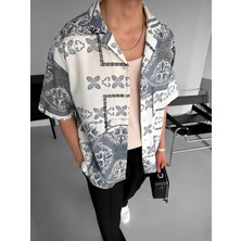 Abluka Online Oversize Motifli Küba Yaka Keten Gömlek Siyah