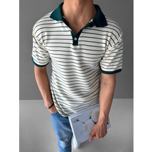 Abluka Online Regular Fit Esnek Düğmeli Polo Yaka Çizgili Esnek T-Shirt Yeşil