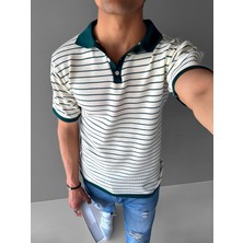 Abluka Online Regular Fit Esnek Düğmeli Polo Yaka Çizgili Esnek T-Shirt Yeşil