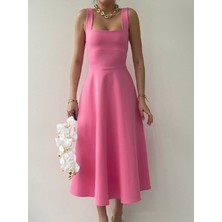 Quadre Kalın  Askılı  Kare  Yaka  Midi  Boy  Elbise