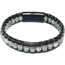 Janti JTSS24DEB1462 Labradorit ve Hematit Doğaltaş Mıknatıs Kapama Çelik Deri Janti Bileklik