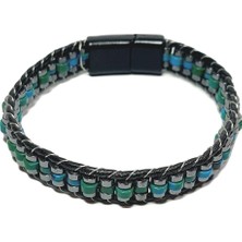 Janti JTSS24DEB1470 Turkuaz  ve Hematit Doğaltaş Mıknatıs Kapama Çelik Deri Janti Bileklik