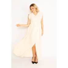 Şans Tekstil Kadın Pudra  Eteği ve Kol Ağzı Pilise Detaylı Ön Düğmeli Elbise