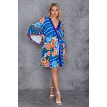 Şans Tekstil Kadın Renkli Volan Kollu Anvelop Elbise