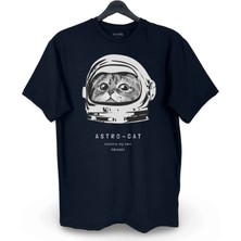 nirvoda Astronot Kedi Astrocat Baskılı Loose Fit Bisiklet Yaka Unisex Tişört Siyah