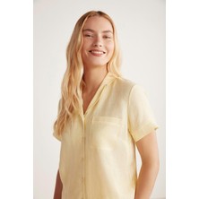 Penye Mood Kadın Kısa Kol Önden Düğmeli Şortlu Sarı Pijama Takımı C0T4N6O9