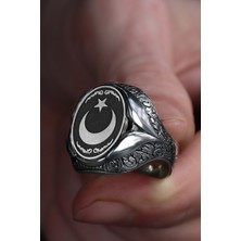 Ksr Moda Ayyıldız Detaylı El Işlemeli 925 Ayar Gümüş Erkek Yüzük