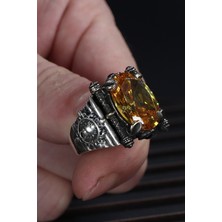 Ksr Moda Sitrin Taşlı Aslan Detaylı 925 Ayar Gümüş Erkek Yüzük