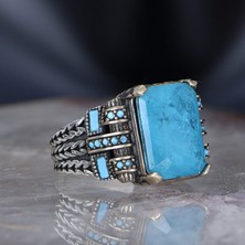 Ksr Moda Zincir Serisi 925 Ayar Blue Topaz Erkek Gümüş Yüzük