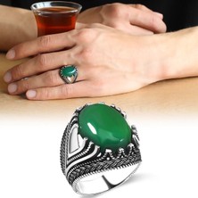 Ksr Moda Yeşil Akik Taşlı 925 Ayar Gümüş Erkek Yüzük