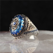 Ksr Moda Erkek Blue Topaz Taşlı Kalem Işlemeli Gümüş Yüzük