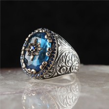 Ksr Moda Blue Topaz Taşlı Kalem Işçilikli 925 Ayar Erkek Gümüş Yüzük