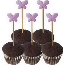 TM Tasarım Mağazası 50 Adet Dekoratif Kelebek Boncuklu Cupcake Kürdanı 6,5 cm Mor - Kelebek 15 mm