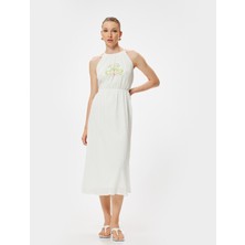 Koton Midi Boy Halter Yaka Elbise Çiçek Işleme Detaylı Astarlı Pamuklu