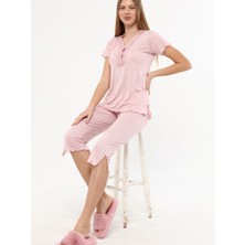 Angelina Kadın Pudra-Pembe Kaprili Bambu Kısako Rahat Pijama Takımı 6226