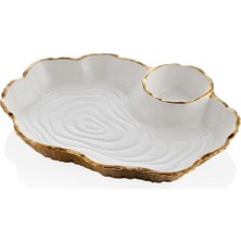 Unformed Beyaz  - Gold   Sos Bölmeli  Sunum Tabağı 33 X26X 5 cm