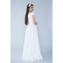 No48 Kayık Yaka Kruvaze Dokuma Dökümlü Kumaş Maxi Boy Abiye Elbise