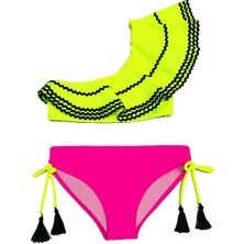 Look Me Tek Omuz,fırfırlı,su Taşı Ve Püskül Detaylı Neon Sarı-pembe 50UV Kız Çocuk Bikini Takımı BY NESSI BYRD
