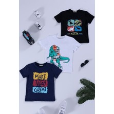 For You Kids 3'lü Dinazor Baskılı Siyah Lacivert Beyaz Tshirt