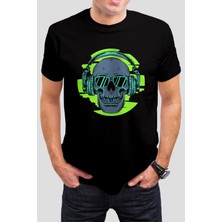 T-35 Kulaklıklı Kuru Kafa Baskılı Siyah  Tişört C688