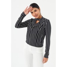 Hanna's Kadın Siyah-Beyaz Cep Detaylı Fermuarlı Blazer Ceket