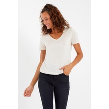 Quhox Kadın Modal Kumaş V Yaka Parçalı T-Shirt  Ekru