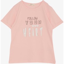 Breeze Kız Çocuk Tişört Taşlı Yazı & Kalp Baskılı 8-14 Yaş, Pembe